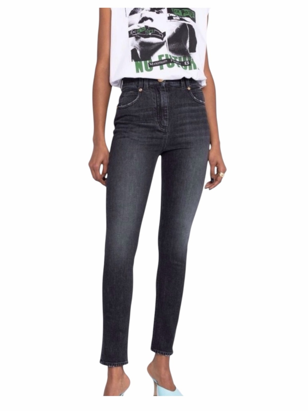 Balmain High-Waisted Denim Jeans Gold Button Zip Up